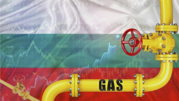 Gas pipeline with Bulgaria flag in the background. Gas production with Bulgarian flag on market
