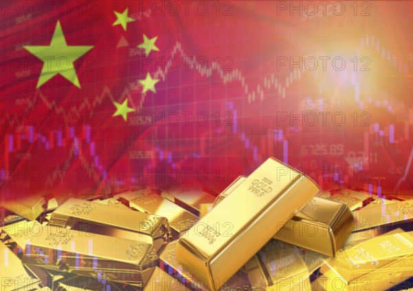 Gold bars on China flag in background. Gold bars stacked on Chinese flag. Concept of China gold