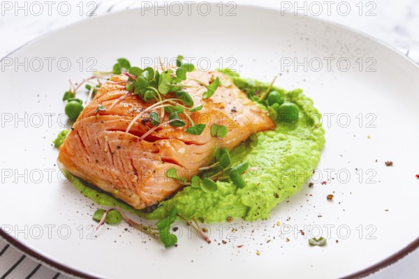 Delicious grilled salmon is placed elegantly on creamy green pea puree. Fresh microgreens and peas