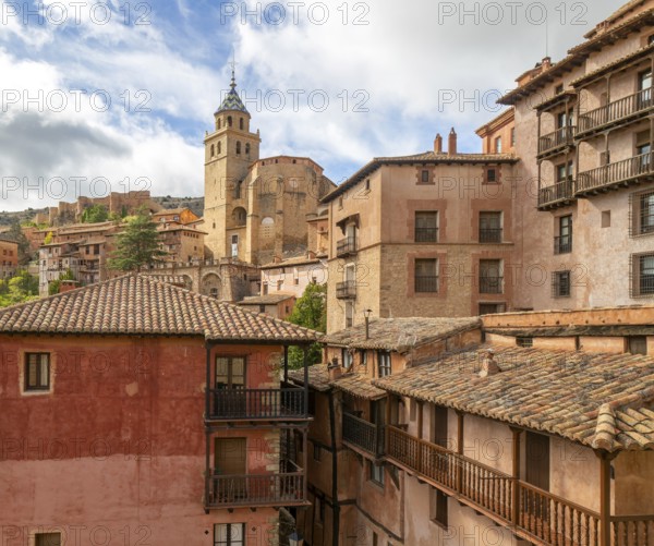 Historic buildings in medieval village of AlbarracÃ­n, Teruel province, Aragon, Spain view to