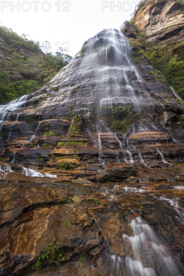 Leura Falls in a lush valley full of ferns and vegetation, Blue Mountains, New South Wales,