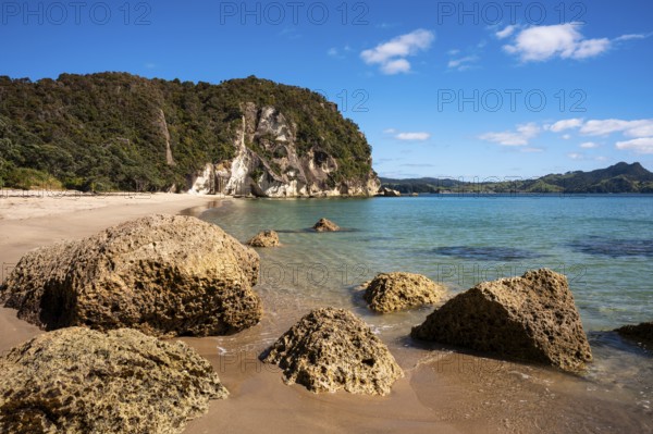 Landscape with sea and sandy beach in New Zealand. Lonely Bay, Shakespeare Cliff, Cooks Beach,