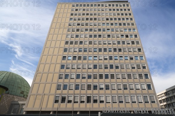 Facade of the heritage-protected PlÃ¤rrer skyscraper from the 1950s, today EWAG skyscraper,