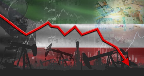 Fall oil price with Kuwaiti flag on economic chart, Petrol crisis with Kuwaiti flag on financial