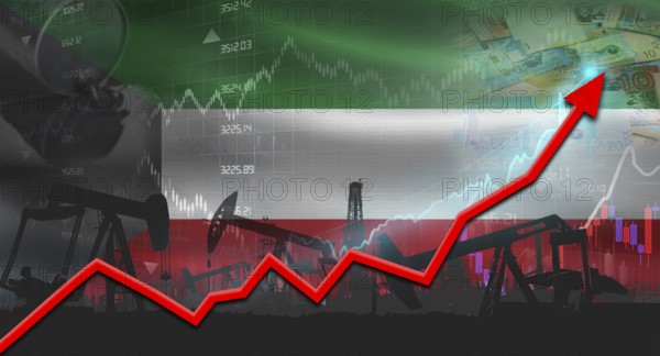 Growth of oil industry with Kuwaiti flag. Oil pumps with Kuwaiti flag. Oil production with Kuwait