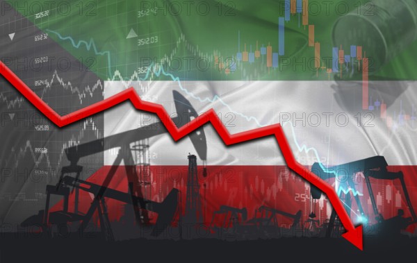 Crude crisis with Kuwaiti flag on financial graph. Fall oil price with flag of Kuwait on economic