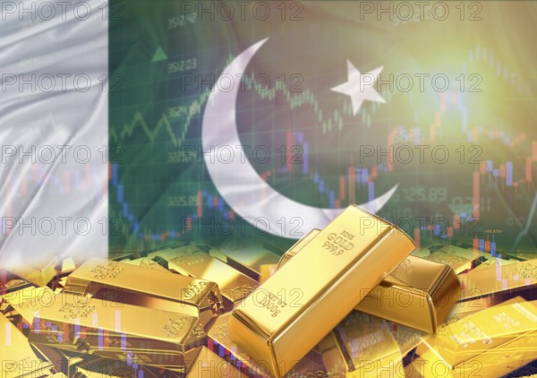 Gold bars on Pakistan flag in background. Gold bars stacked on Pakistani flag. Concept of Pakistan