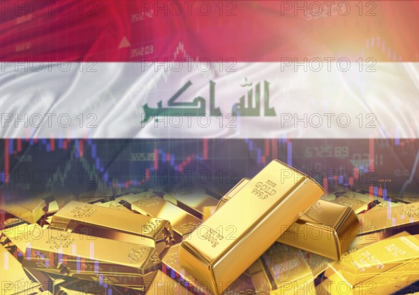Gold bars on Iraq flag in background. Gold bars stacked on Iraqi flag. Concept of Iraq gold