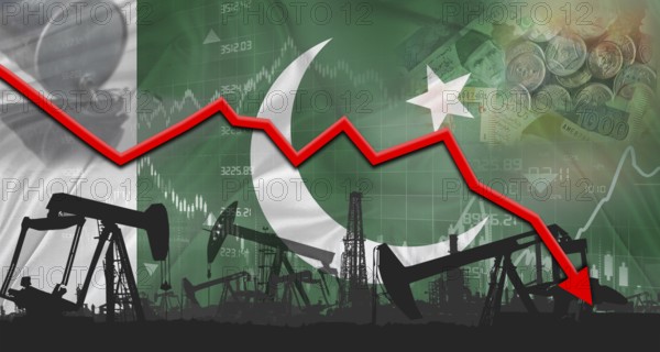Fall oil price with Pakistani flag on economic chart, Petrol crisis with Pakistani flag on
