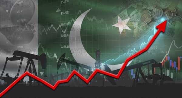 Growth of oil industry with Pakistani flag. Oil pumps with Pakistani flag. Oil production with