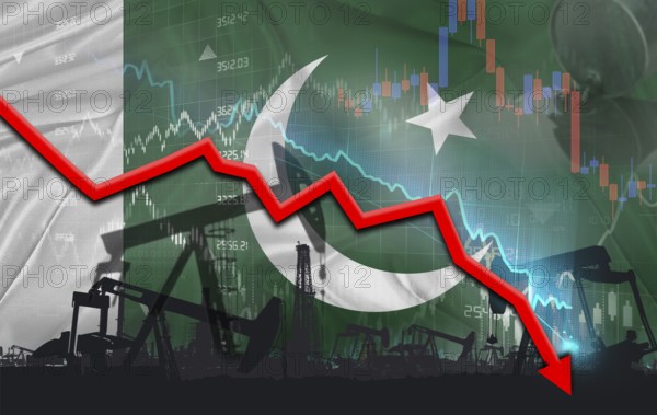 Crude crisis with Pakistani flag on financial graph. Fall oil price with flag of Pakistan on