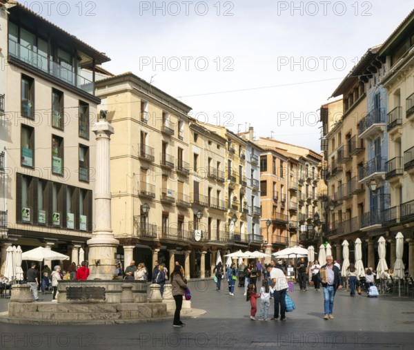 Historic buildings fountain monument, Plaza del Torico square, city centre of Teruel, Aragon, Spain