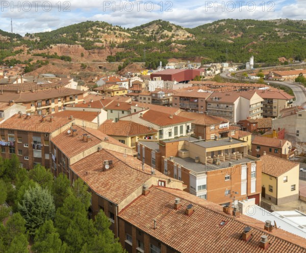Rooftops of apartment block buildings in lower housing area to east of city centre of Teruel,
