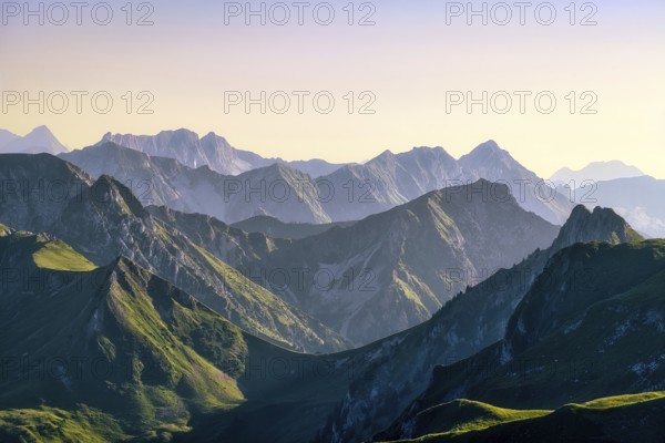 View from Mount Gantrisch, sunset over the Bernese and Fribourg Pre-Alps, Canton of Bern,
