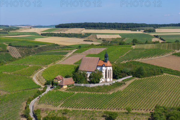 Pilgrimage church Maria im Weingarten, surrounded by vineyards in a hilly landscape, aerial view,