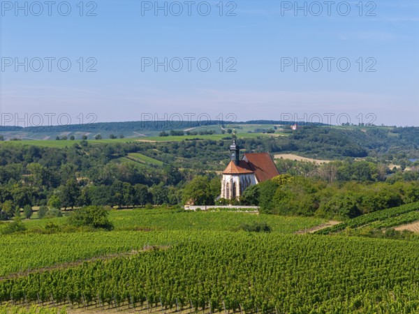 Pilgrimage church Maria im Weingarten, in the middle of vineyards with wooded hills in the