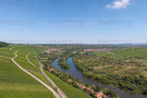 Mainschleife in summer, charburner near Volkach, behind Escherndorf, Nordheim and Vogelsburg,