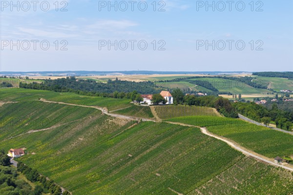 Vogelsburg near Volkach with monastery church of the Protection of the Virgin Mary, aerial view,