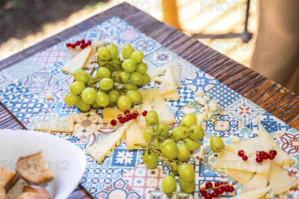 Slices of cheese, bunches of green grapes, and red currants are beautifully arranged on a vibrant
