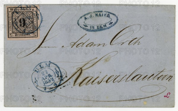 9 Kreuzer stamp from Württemberg on a letter to Ulm, 1852, Germany, Historical, digitally restored