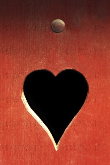 A heart-shaped cutout in a red wooden surface adds a whimsical touch. The contrasting dark interior
