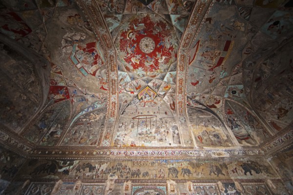 Paintings on the wall and ceiling in the Garh Palace or Rajput Palace, Bundi, Rajasthan, India