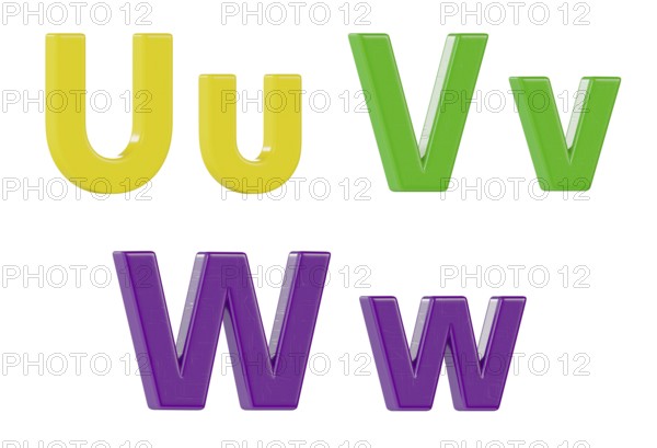 Colorful angled uppercase and lowercase magnetic plastic letters U through W isolated on a white