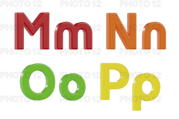 Colorful angled uppercase and lowercase magnetic plastic letters M through P isolated on a white