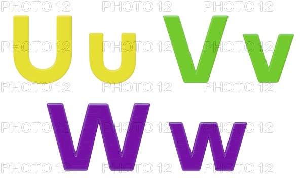Colorful flat uppercase and lowercase magnetic plastic letters U through W isolated on a white