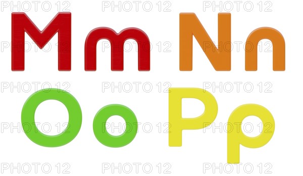 Colorful flat uppercase and lowercase magnetic plastic letters M through P isolated on a white