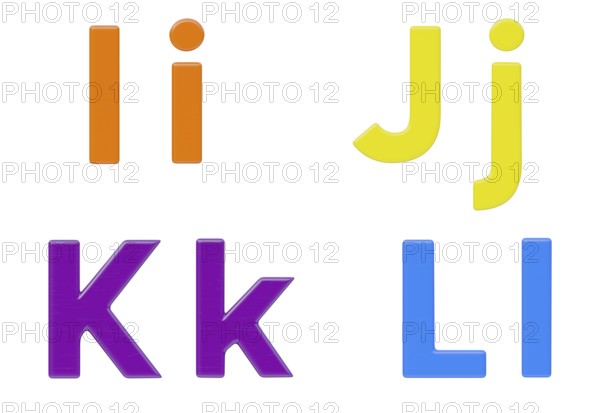 Colorful flat uppercase and lowercase magnetic plastic letters I through L isolated on a white