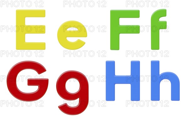 Colorful flat uppercase and lowercase magnetic plastic letters E through H isolated on a white