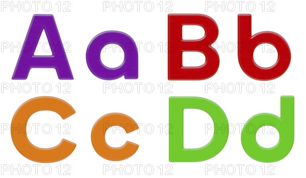 Colorful flat uppercase and lowercase magnetic plastic letters A through D isolated on a white