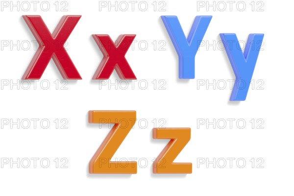 Colorful angled uppercase and lowercase magnetic plastic letters X through Z with drop shadows