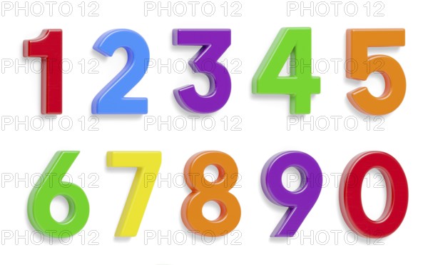 Colorful flat magnetic plastic numbers set zero through nine with drop shadows isolated on a white