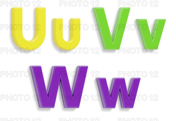 Colorful angled uppercase and lowercase magnetic plastic letters U through W with drop shadows