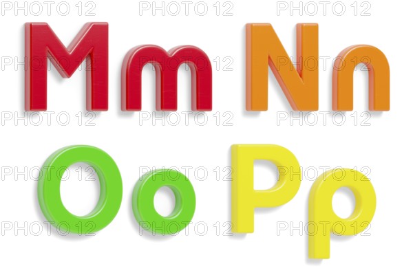 Colorful angled uppercase and lowercase magnetic plastic letters M through P with drop shadows