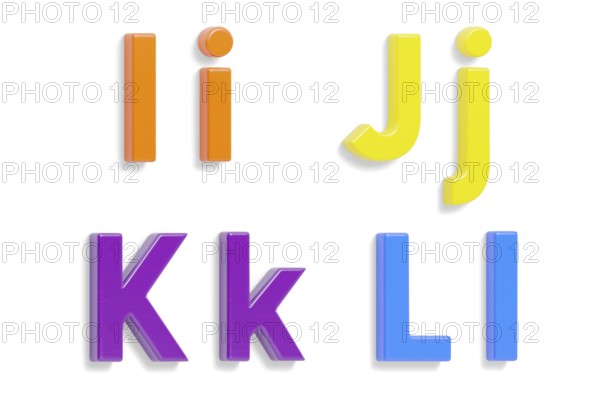 Colorful angled uppercase and lowercase magnetic plastic letters I through L with drop shadows