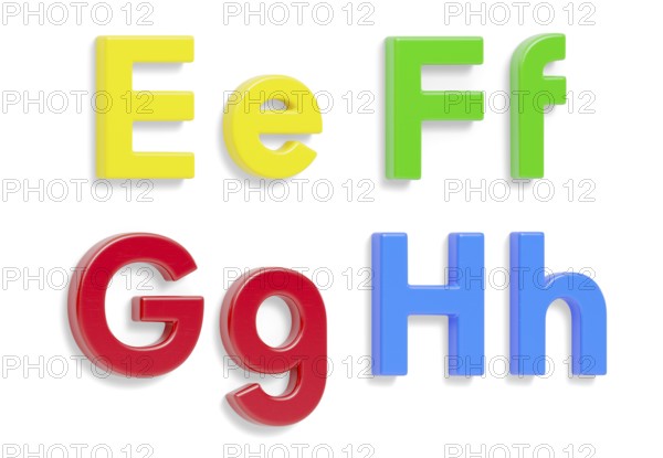 Colorful angled uppercase and lowercase magnetic plastic letters E through H with drop shadows