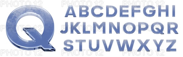 Ice or glass letters of full uppercase alphabet on a white background