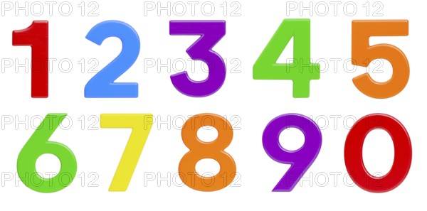 Colorful flat magnetic plastic numbers zero through nine isolated on a white background