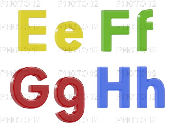 Colorful angled uppercase and lowercase magnetic plastic letters E through H isolated on a white