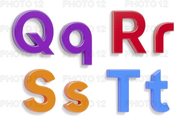 Colorful angled uppercase and lowercase magnetic plastic letters Q through T with drop shadows