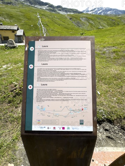 Information board on prehistoric and ancient pass crossings of the Little St. Bernard border pass,