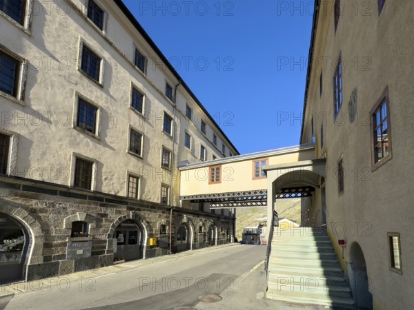 On the left, Swiss hotel hostel Auberge de Grand Gd. St. Saint Bernard on the right, historic