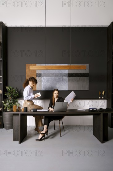 Two women engage in a productive discussion in a stylish office. One woman sits at a laptop, while