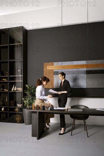 Two businesswomen are looking for a solution of an issue reading papers in an office. One woman