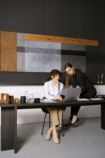 Two women engage in a business discussion in a stylish office. One woman is seated at a desk with a