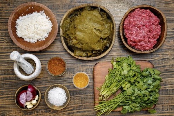 Ingredients to make dolma at home. Grape leaves, minced meat, rice, and various spices and herbs