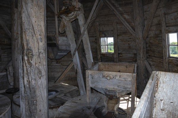 Interior view of a historic windmill near the burial ground of Stenhusbacken and the village of